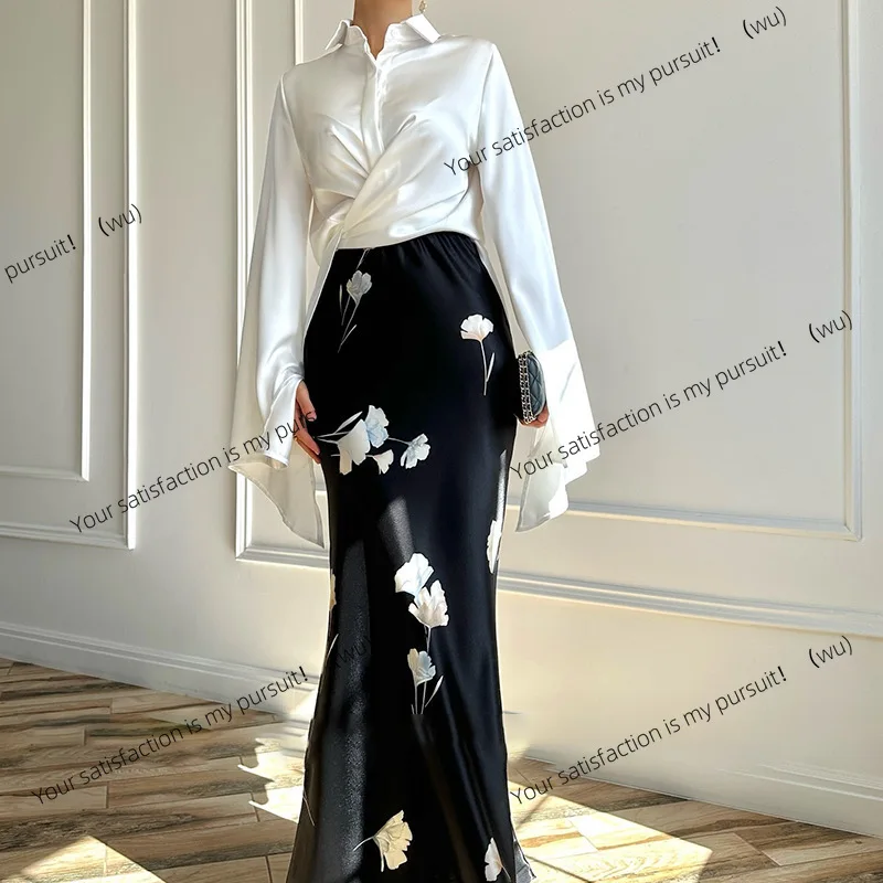 

Европейская и американская женская одежда 25, осенний новый атлас, рубашка, темперамент, элегантный комплект с юбкой