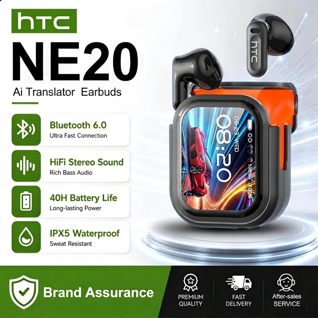 Fone de Ouvido Bluetooth Sem Fio Original HTC NE20 Intra-auricular com Tradução por IA, Tela Sensível ao Toque Multifuncional LED e Cancelamento de Ruído