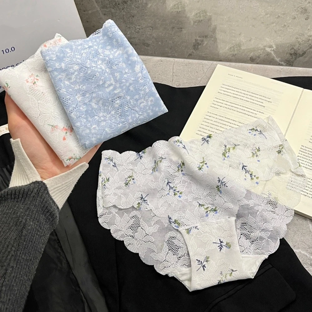 

Fashion Seamless Lace Thin Panties Transparent Mid Waist Underwear for Women Flower Mesh Lace Briefs Girl