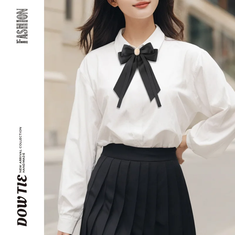 Koreanische Stoff Blume Hemd Bogen Brosche Krawatte frauen Schwarz College Britischen Student Schuluniform Abschluss Temperament Kragen Pin – Detail 4