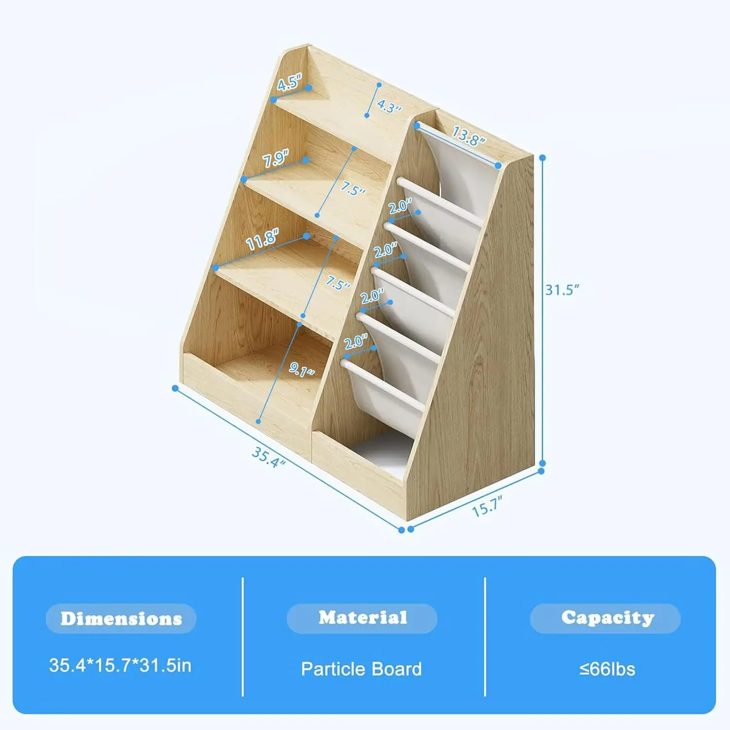 4 Tier Kids Wooden Bookshelf,Five Layer Sling Children Bookcase,Baby Storage Book Rack,Book and Toy Organizer Cabinet Chest,Book