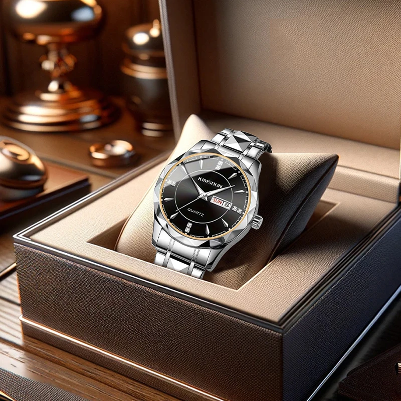 

Стильные мужские черно-желтые повседневные модные кварцевые часы с тремя глазами и ремешком из нержавеющей стали.