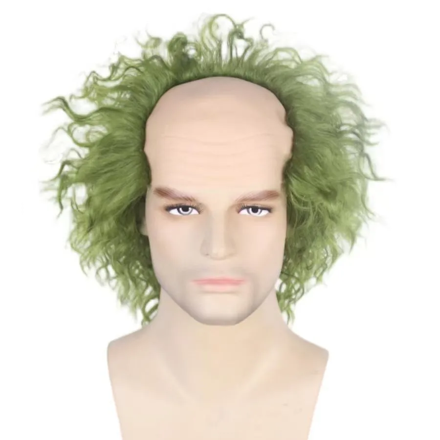 Halloween Bald Cap Wig Green White Curly Clown Bald Wig Synthetic Cosplay Costume Wig for Men