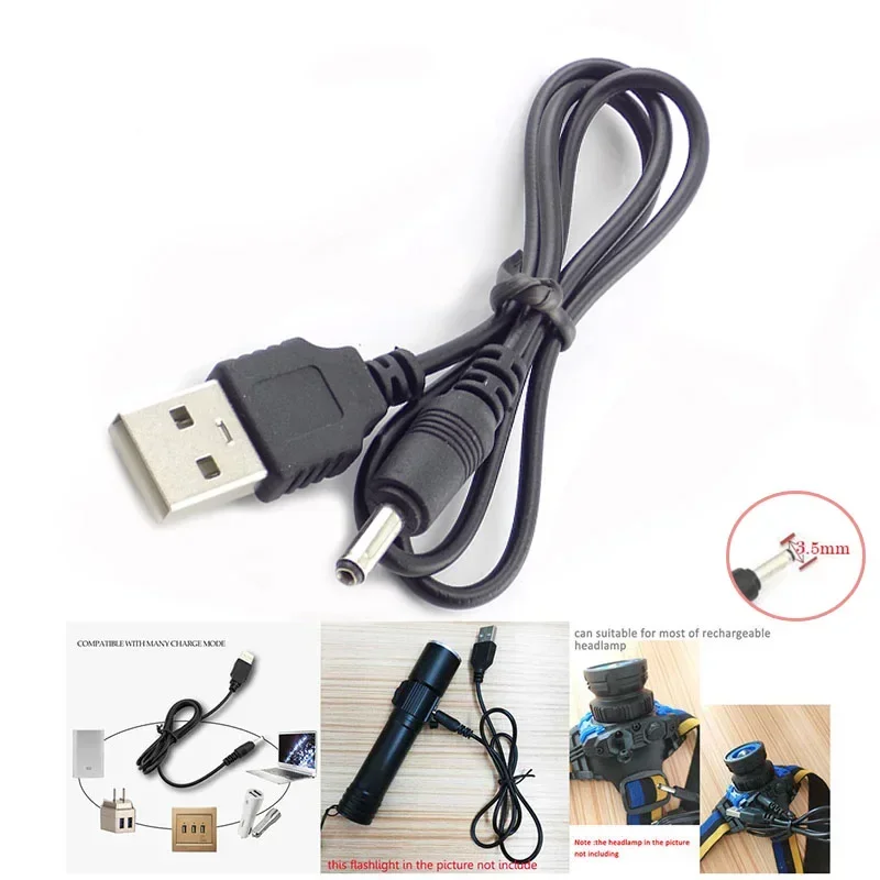 Mirco-Cable de carga USB de 3,5mm, adaptador de fuente de alimentación de CC, cargador de linterna para lámpara de cabeza, luz de antorcha, batería