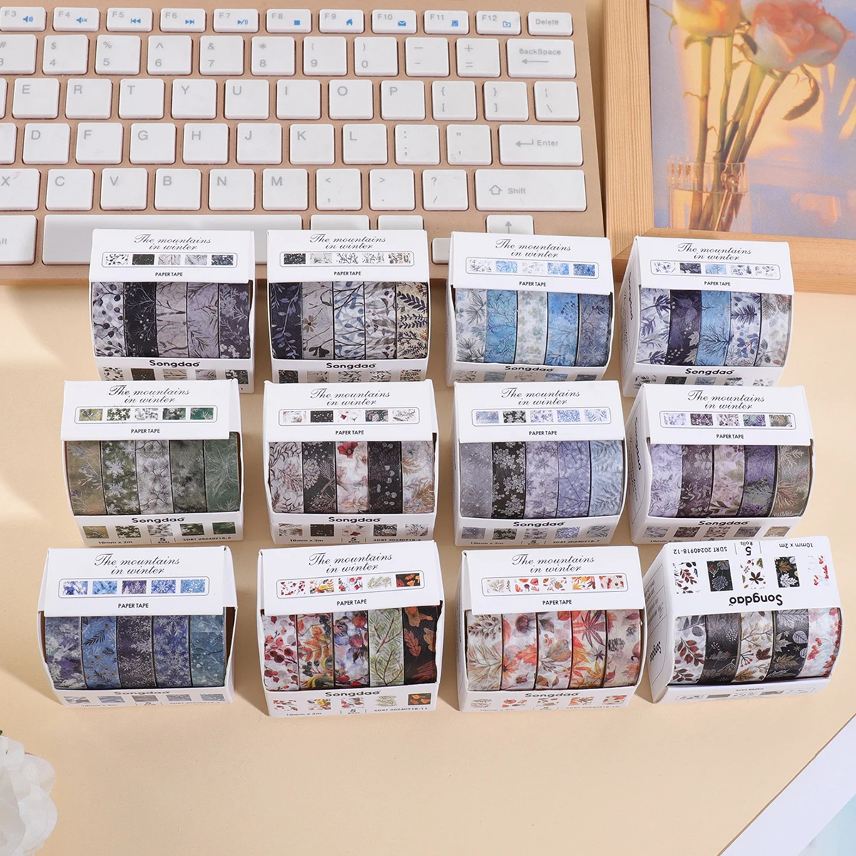 5 rollos/caja de cinta washi con temática de campo de montaña de invierno, con flores, hongaje, patrones de copos de nieve, material de collage para álbumes de recortes DIY