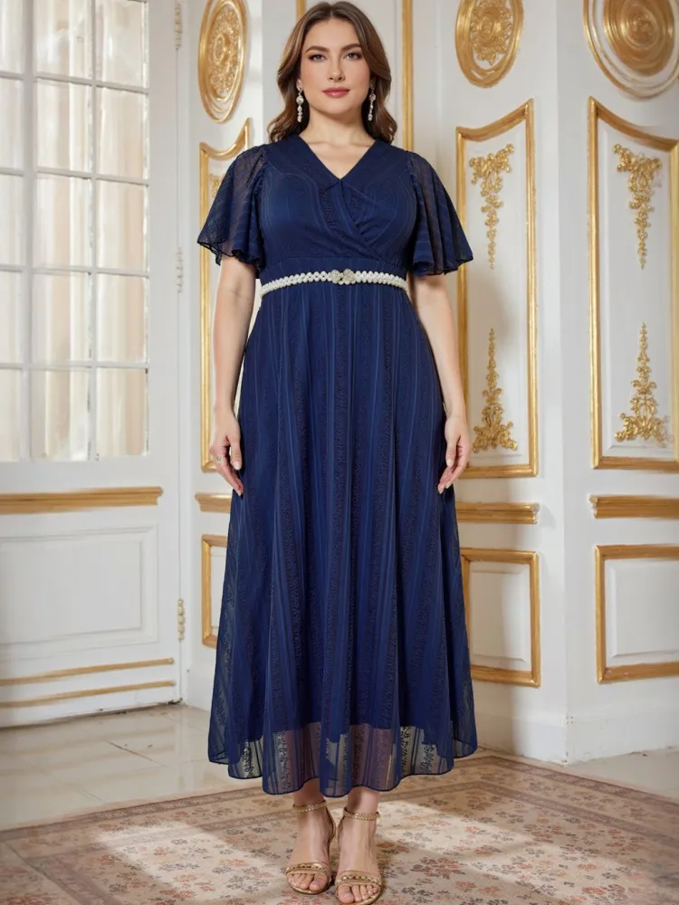 

L-4XL Одежда больших размеров Кружевные вечерние платья Женская одежда Халаты с коротким рукавом Уличный стиль Повседневное платье макси большого размера большого размера