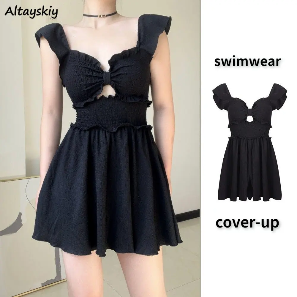 New Beach Cover-up Women Hotsweet Girls Vintage Bow Designed Hollow Out Backless Retro Chic Ruffles French Style Simple Swimwear