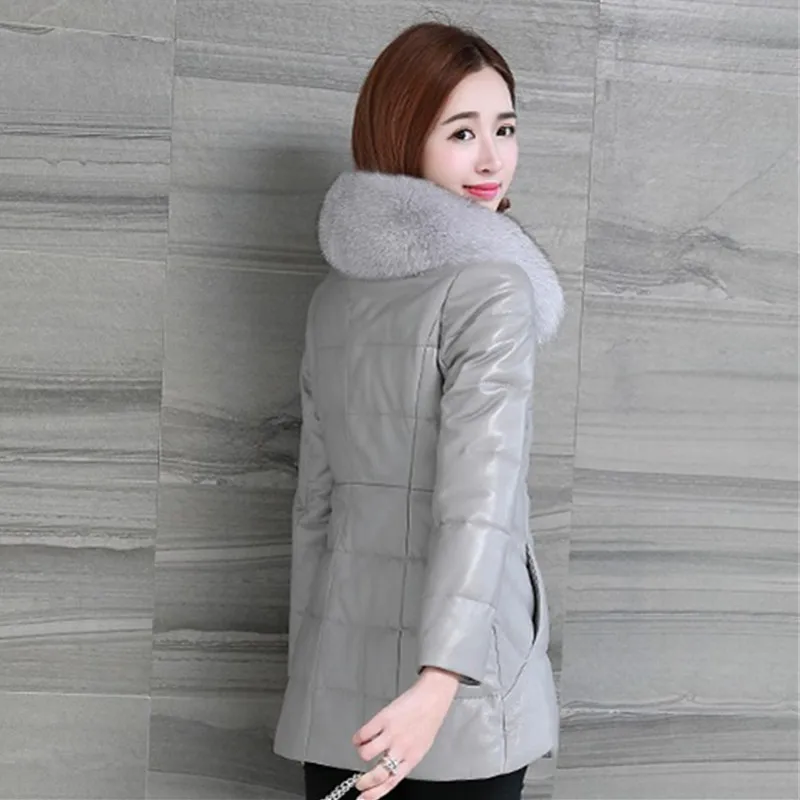 Winter PU Leather Jacket Women's Fashion Fur Collar Zipper Wash Free Faux Leather Padded Coat Female Mid-Aged moMr Outerwear 537