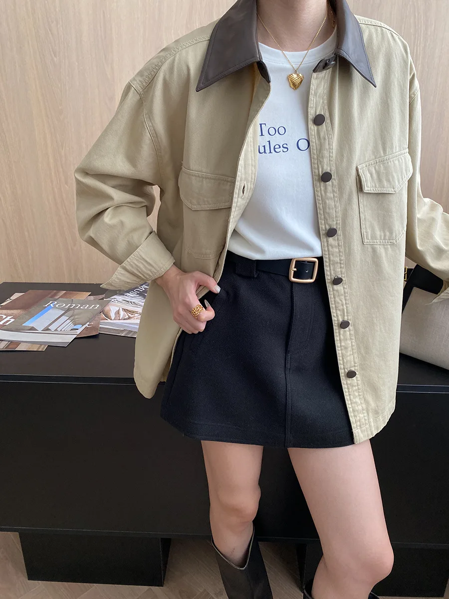 

Color blocked PU leather flip collar workwear with pockets for casual loose fit jacket