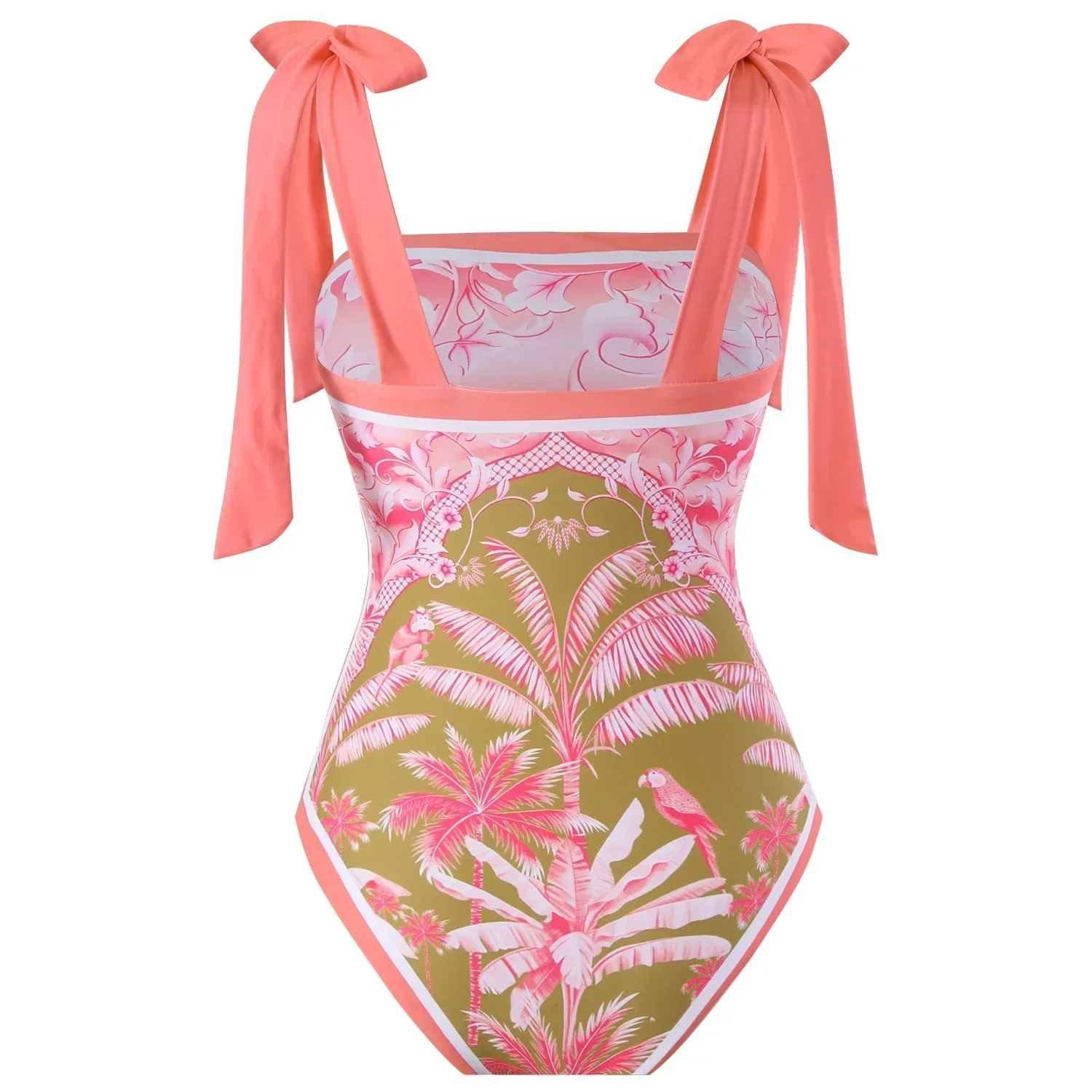 Women's Retro Print Ruffle Edge Swimsuit with Skirt, Slim Bikini Suit, Slash Neck, Backless Swimwear, Beach Cover-up, Holiday
