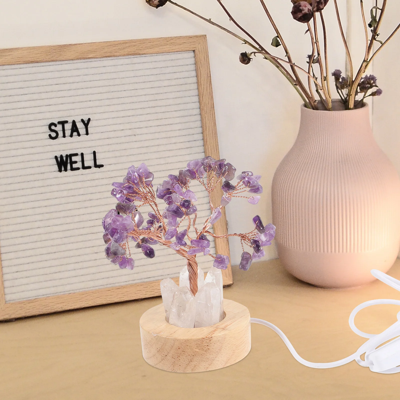 

Bedside Amethyst Crystal Tree Night Light Decorative Small Lamp for Bedroom Wooden Safe Convenient Use Amethyst Tree Night Light