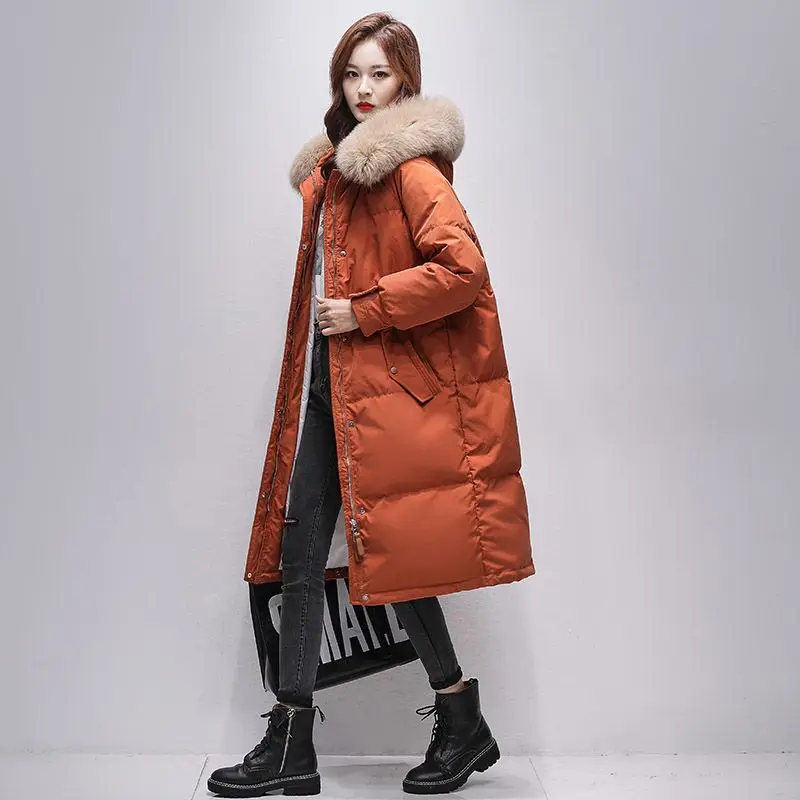 2023 New Women Down Jacket Winter Coat Female Mid Length Version Parkas Fashionabl Outwear Thick Hooded Big Collar Overcoat