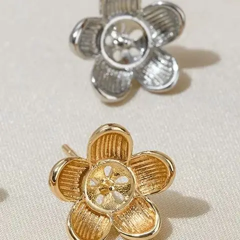 1Pair 14K Gold-Plated Half-Hole Hollow Small Flower Ear Studs DIY Handcrafted Earring Accessories with Pearl Bonding