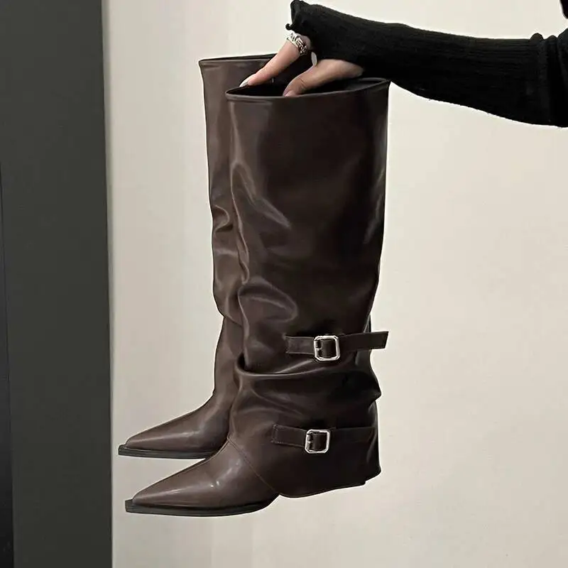 الرجعية نمط المرأة حذاء برقبة للركبة موضة حزام مشبك أحذية الخريف الشتاء أسافين كعب المرأة فارس الجوارب الطويلة #1