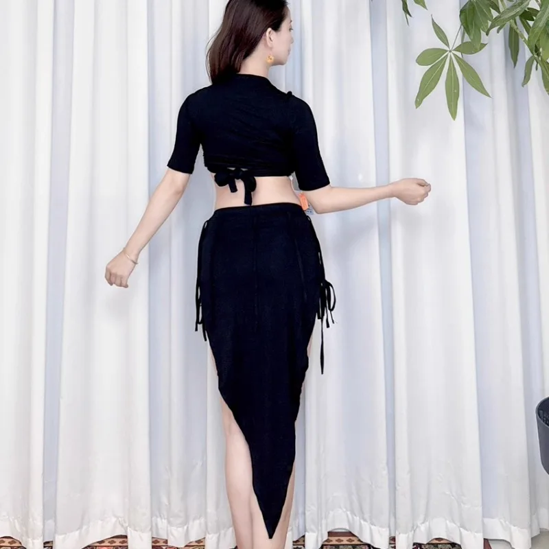 Customized Swegal Belly Dance Costumes Practice Outfit Inspired Modal Tie Top with Triangular Ribbon Skirt Short Set