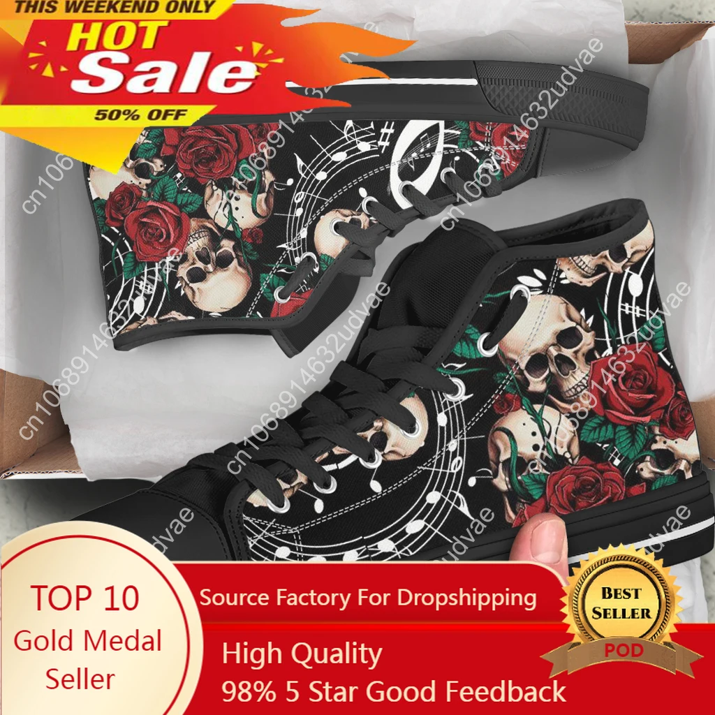 High Top Shoes Women Plus Size Canvas Sneakers Musical Rose Flower Skull Print Casual Vulcanized Shoes Zapatillas