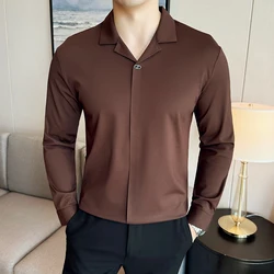 High Elasticity Men Polo Shirt 2024 New British Style Thin Lapel Collar Solid Casual Slim Fit Long Sleeves T-shirt Men Clothing
