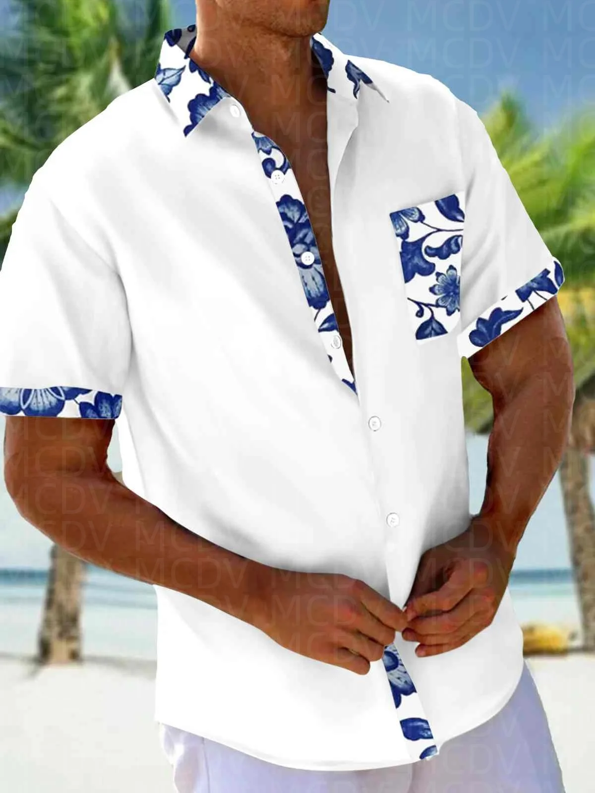 Green Pattern Men's Hawaiian Shirt Stretch Easy Care Camp Shirt Big Tall