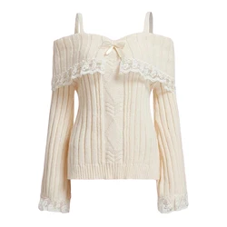 Women's Aesthetic Cold Shoulder Sweaters Long Sleeve Contrast Lace Knit Pullovers Bow Front Jumper Tops