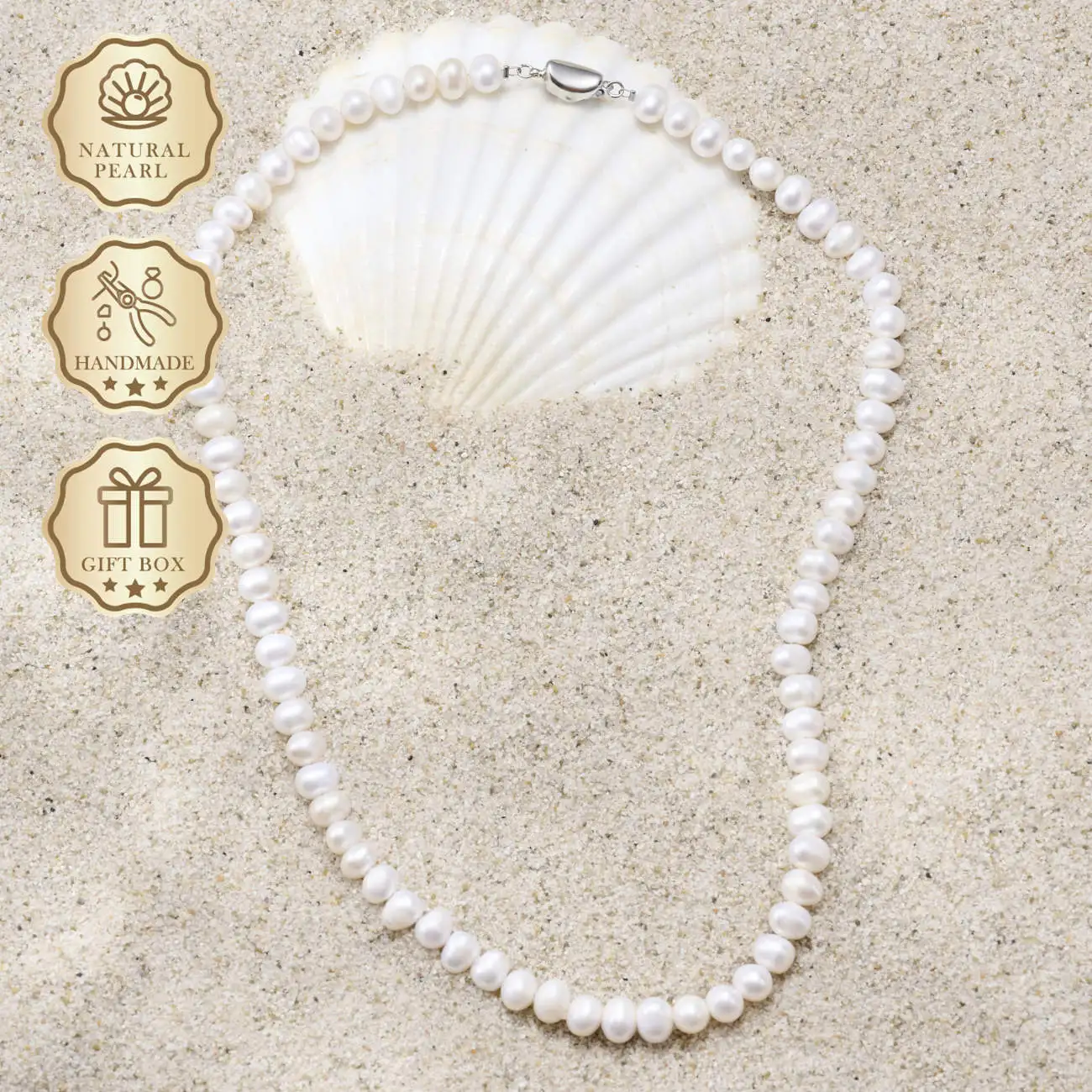 

MYSOYA White Freshwater Pearl Necklace 7–8mm with Silver Ingot Clasp, Gift Box, Ideal Birthday & Anniversary Gift
