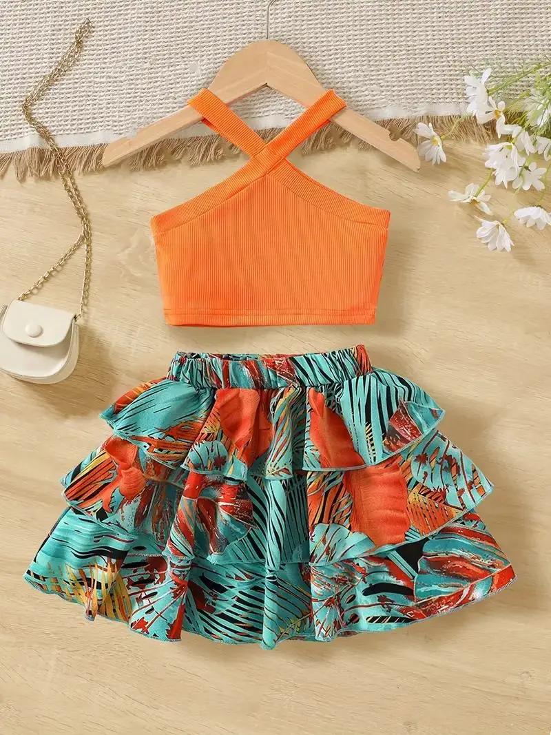 2pcs Toddler Girls Sleeveless Ribbed Crop Tops & Tropical Flowers Layered Hem Skirt Set Kids Summer Clothes