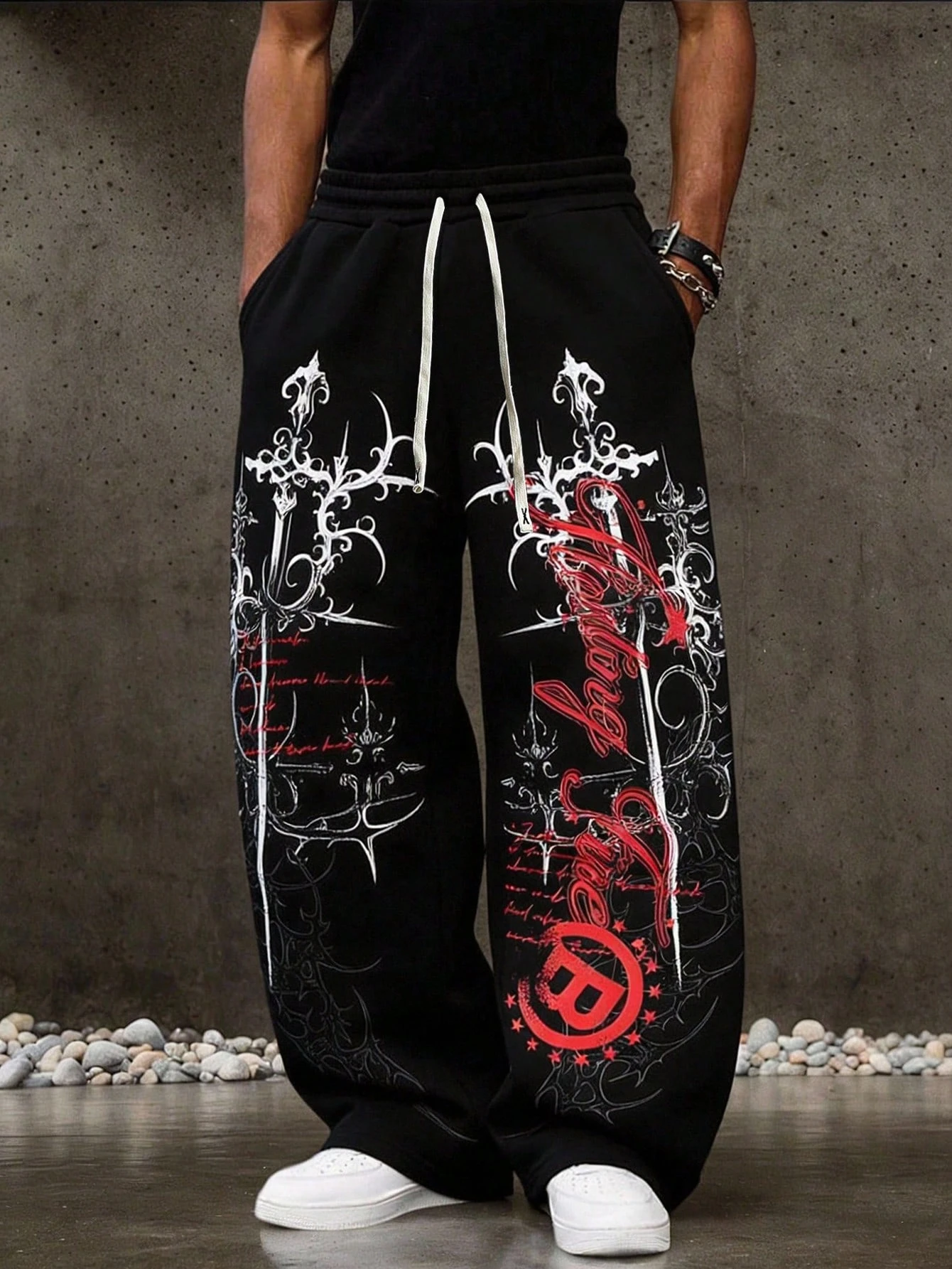 Summer Hot Gothic Cross Totem Graffiti Print Wide Leg Pants Unisex Drawstring Loose Hip Hop Streetwear Casual Long Trousers