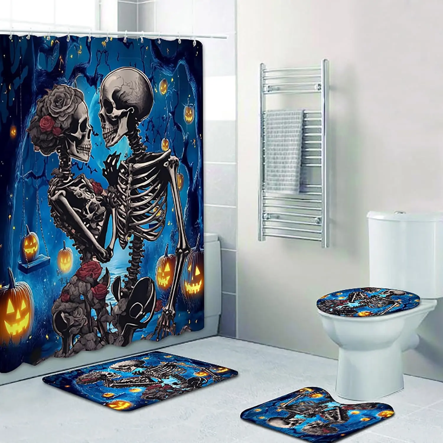 Halloween Bathroom Shower Curtain Set,4 Pcs Skeleton Lovers Gothic Skull Bath Decor with Curtains Mats/U-Shape Rugs Toilet Seat