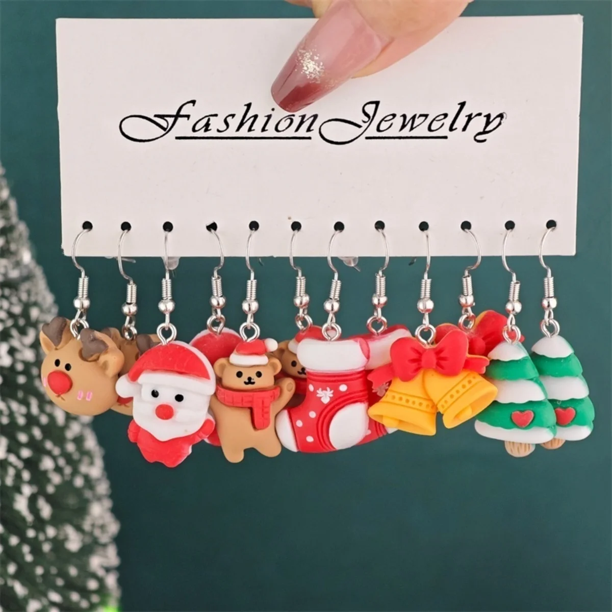 6 Paar/Set Weihnachts-Ohrringe aus Kunstharz mit Schleifen, Lebkuchenmann, Weihnachtsbaum, Schneemann, Pinguin, Weihnachtsmann für Damen, Weihnachtsschmuck – Detail 32