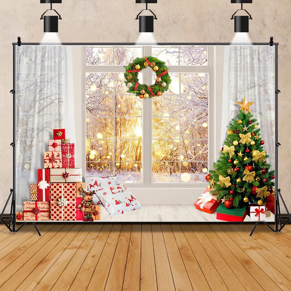 

Vinyl Custom Christmas Tree Window Wreath Photography Backdrop Wooden Doors Snowman Cinema Pine New Year Background Prop ANT-04