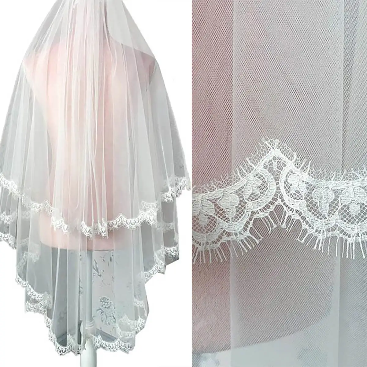 Classic Wedding Veil Two Layer Long Fingertip Length Appliques Veils Lace Edge Custom Made Bridal Accessories High Quality