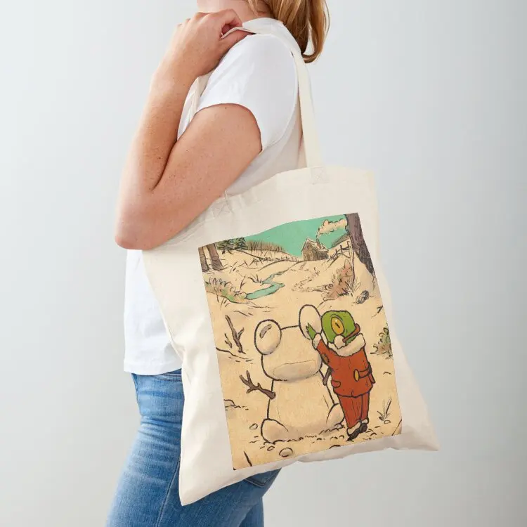 Winter day frog building a snowman illustration Tote Bag tote bag Reusable bags personalized tote bag