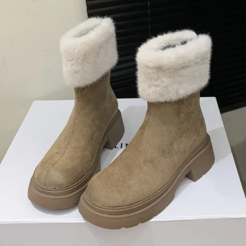 

Comfortable Warm Fluffy Winter Boots Women High Quality Suede Ankle Boots for Women Fashion Back Zipper Design Platform Boots