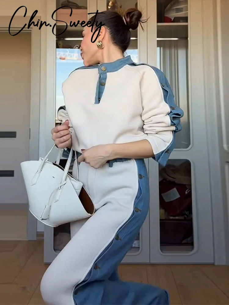 Contrasted Color Women's Sweatshirt Trouser Suits Patchwork Full Sleeve V-Neck Lady Set 2026 Spring Chic 2 Pieces Set Women New