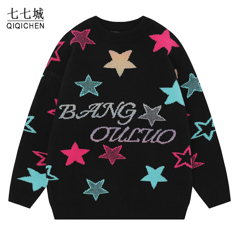 

Y2K Sweater Knit Pullover Men Full Colorful Star Casual Sweaters Women Harajuku College Style Oversized Jumper Autumn Winter Top