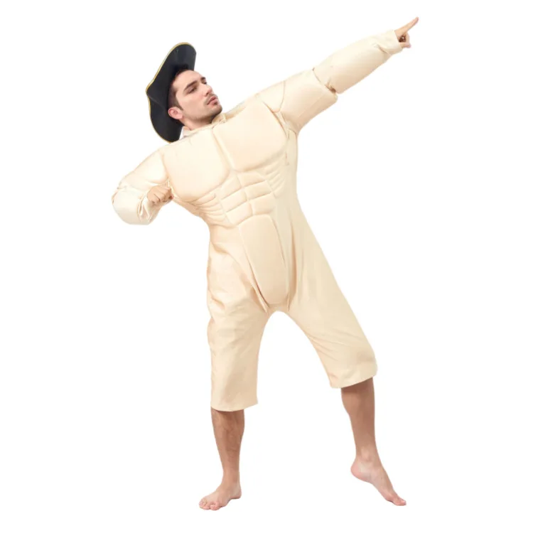 Grappige Muscle Man Rollenspel Fake Abs Halloween Kostuum Pop Outfit met Cap Party Prestaties Props