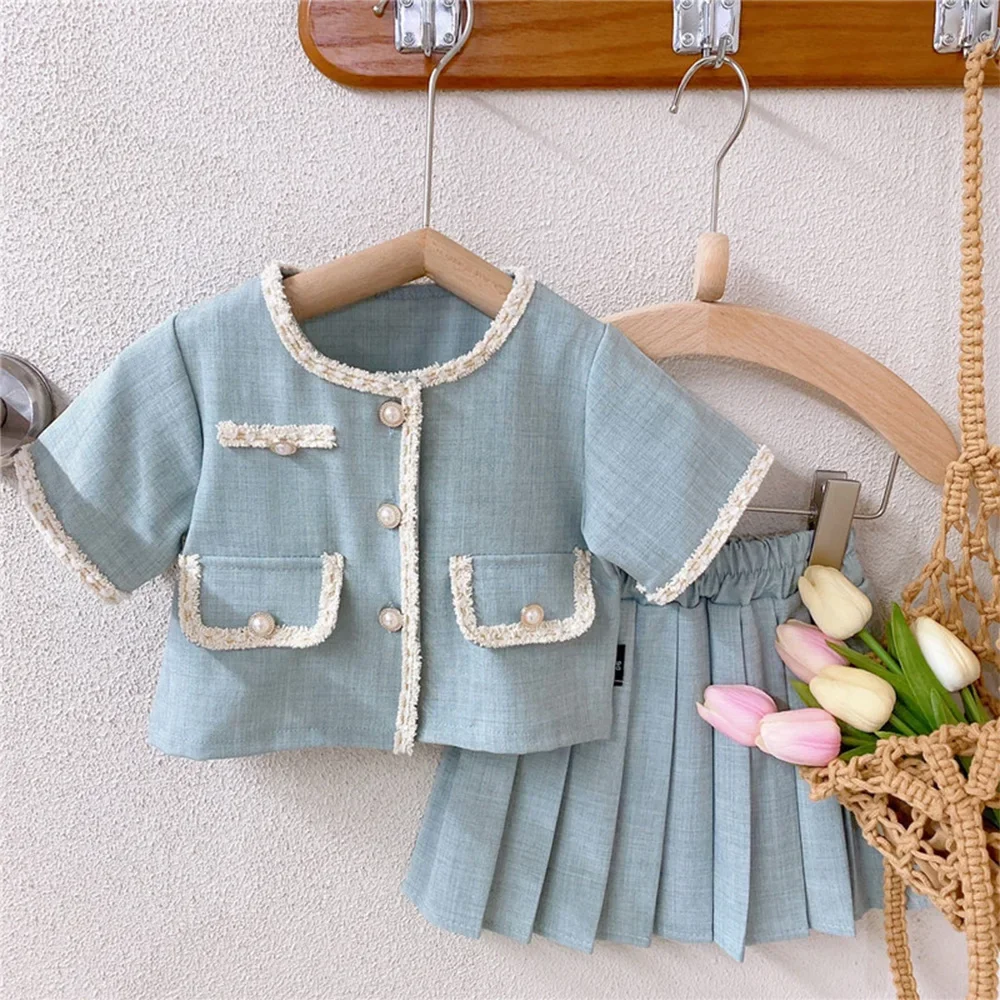 

Fashion Girls Sets Single Breasted Coat + Pleated Skirt 2pcs Summer Girls Clothing Set Kids Clothes Baby Tracksuit Suit Outfits