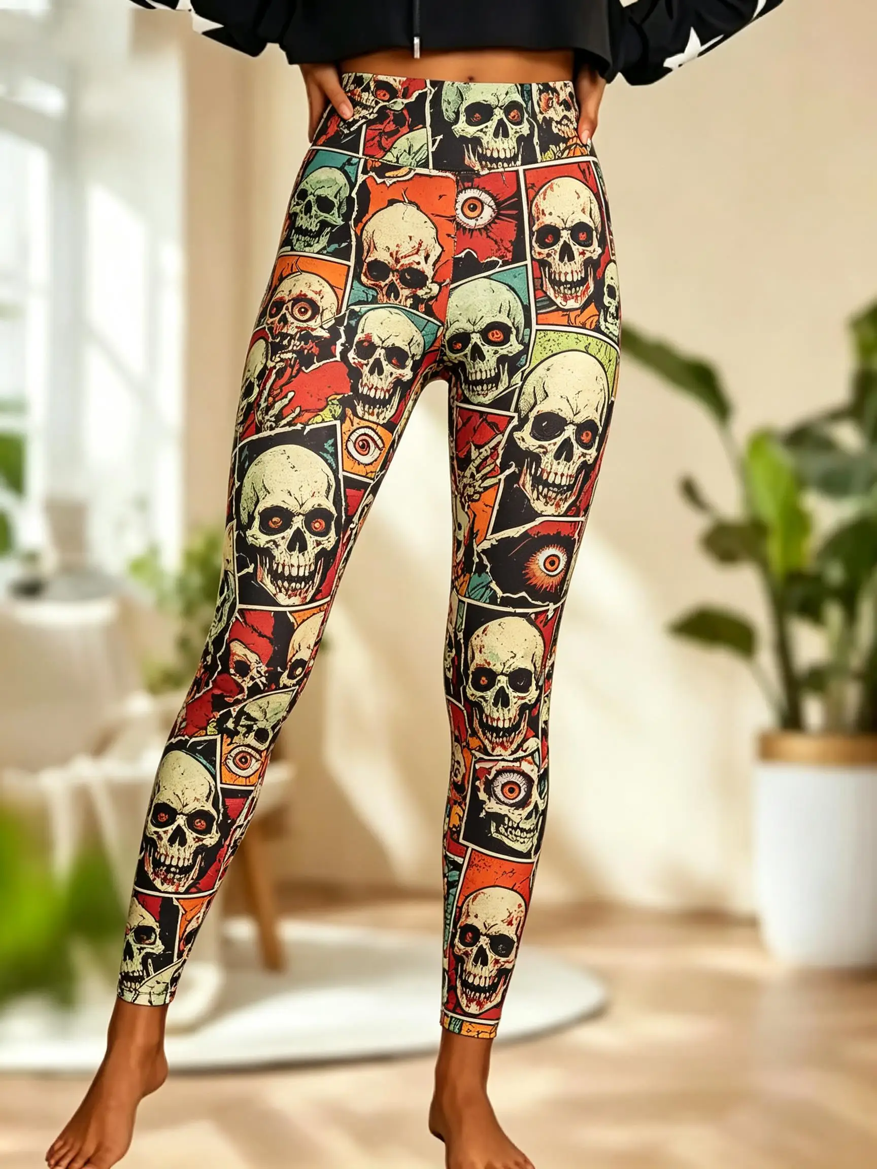 Women Halloween Fleece Mid‑Rise Leggings Retro Comic Skull Horror Eye Patchwork Full Print Stretch Slim Pants