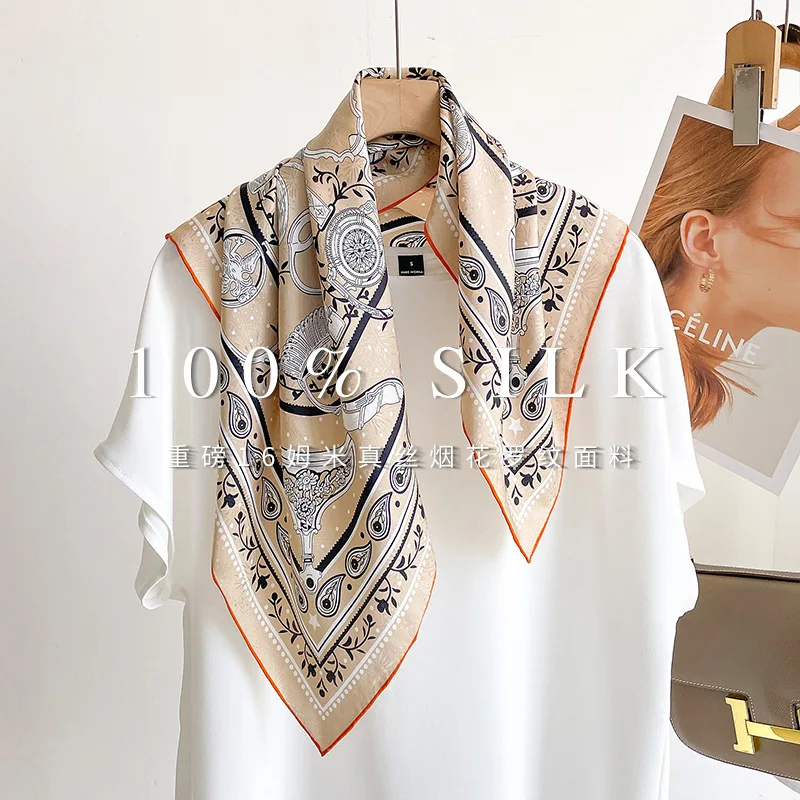 100% MULBERRY SILK 70cm Vintage Equestrian Hardware Floral Square Scarf Light Khaki Orange Trim Bandana Women Office Travel Gift