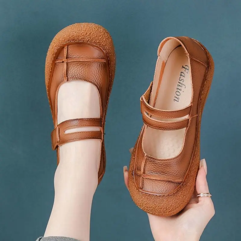 

New mary janes retro flats women's brown loafer shallow mouth comfort nurse shoes lady autumn genuine leather driver moccasin