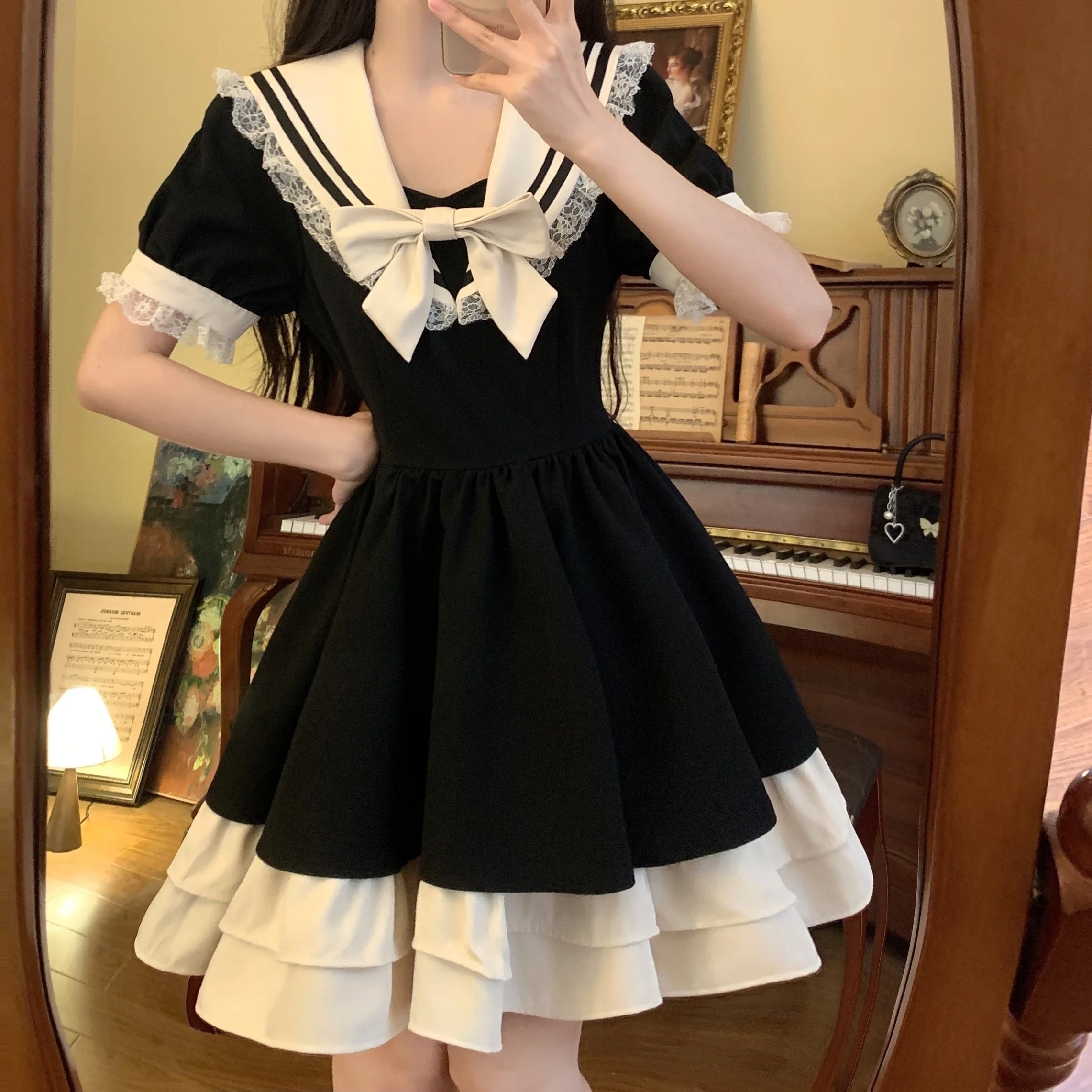 

Summer New Sweet Age Reducing Academy Style Navy Collar Black and White Contrast Combination Dress Short Skirt