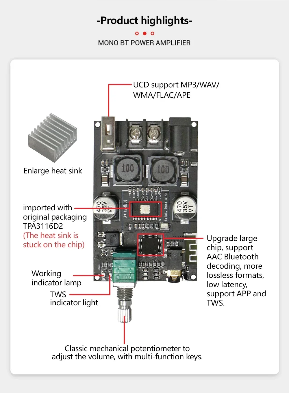 ZK-1001B Моно 100 Вт Bluetooth 5,1 Модуль усилителя мощности звука DC7-24 В Чип усилителя мощности TPA3116 с функцией коробки TWS