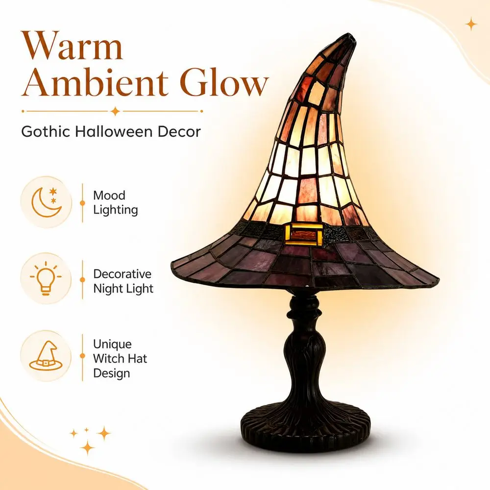Handcrafted Resin Witch Hat Lamp Stained Glass Style Purple Color Gothic Night Light Tabletop Design USB Powered