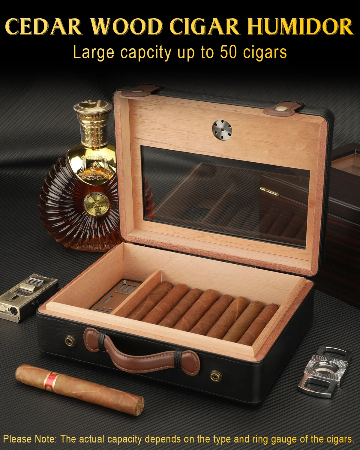 Sigaar Humidor, Reizen Humidor Box met Glazen Blad, Luchtbevochtiger Hygrometer Gauge, Sigaar Case Cederhout Voering tot 50 stuks