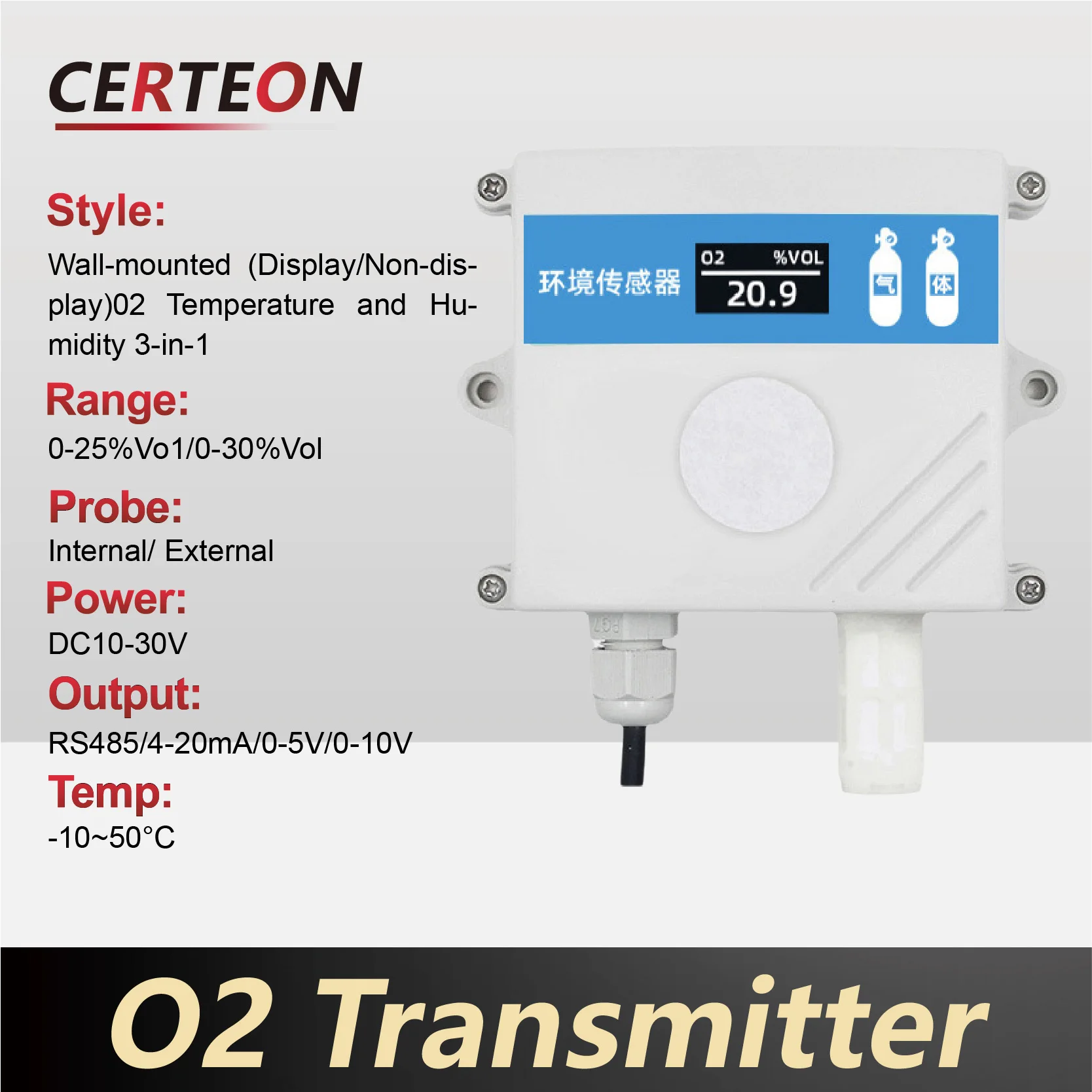

Wall-mounted Oxygen Sensor O2 Concentration Detector Gas Analyzer Transmitter Air Quality Monitor for Greenhouse Farming