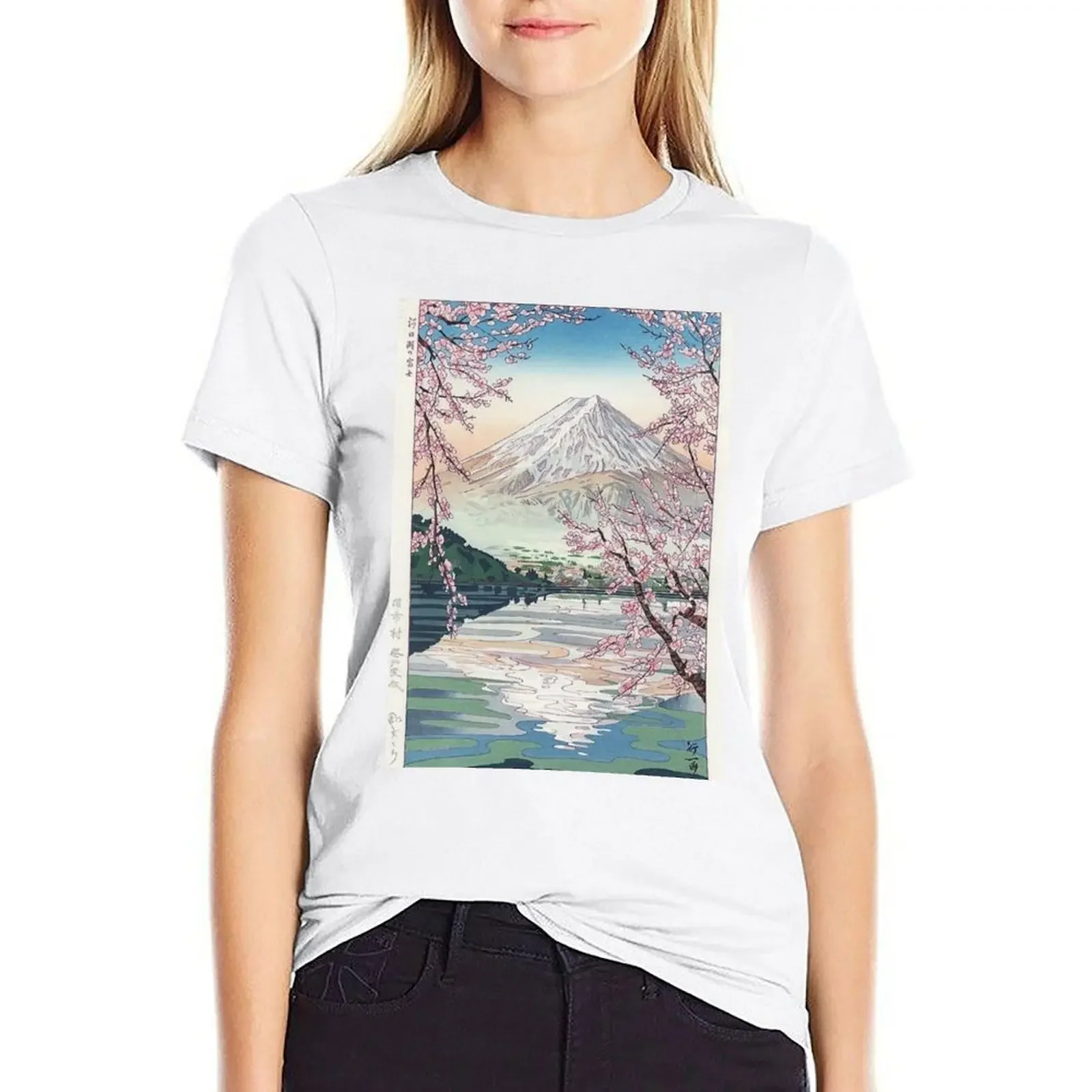 

Mount Fuji Cherry Blossom T-shirt graphics Short sleeve tee oversized Women t shirt