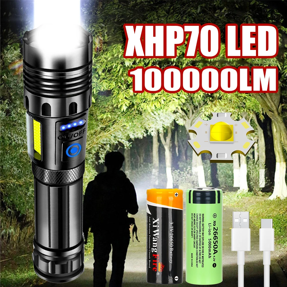 Super Bright XHP70  Led Flashlights Tactical Zoom Torch With COB Side Light USB Rechargeable Outdoor Camping Hunting Lantern