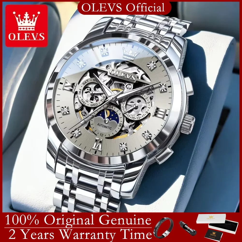 

OLEVS 6721 Stainless Steel Men's Watches Luxury Roman Diamond Scale Original Automatic Watch for Men Moon Phase Hollow Man Watch
