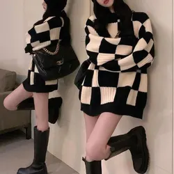 Female Clothing Plaid Knitted Jumpers Korean Patchwork Loose Autumn Winter Commute Long Sleeve Casual Round Neck Midi Sweaters