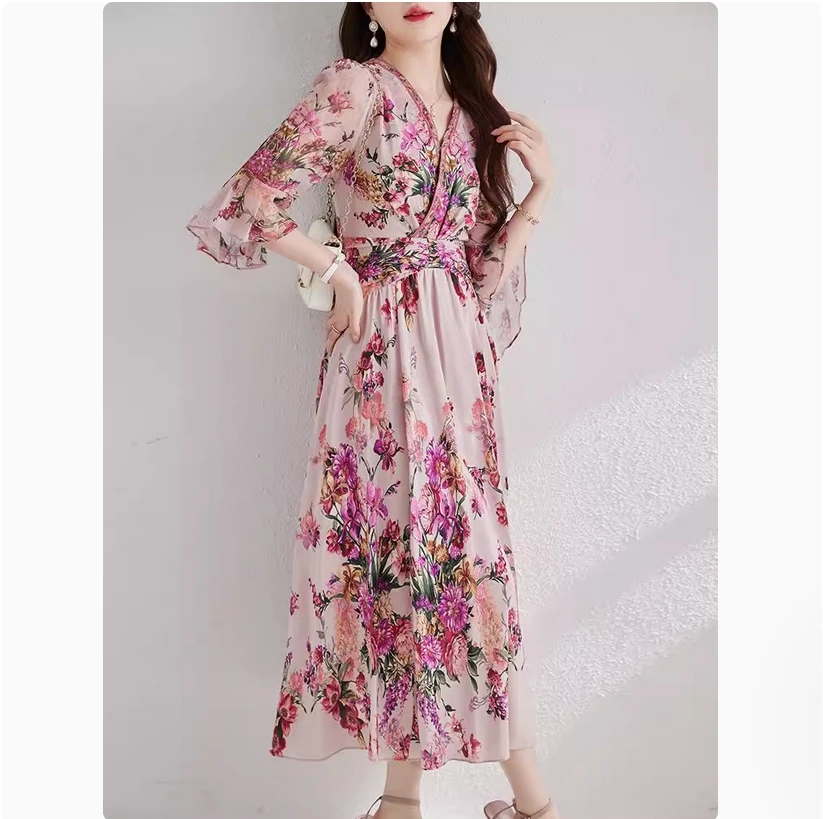 فستان حريري التوت الوردي، أكمام بوق مطبوعة صيفية للسيدات، تنورة حريرية مربوطة الخصر #3