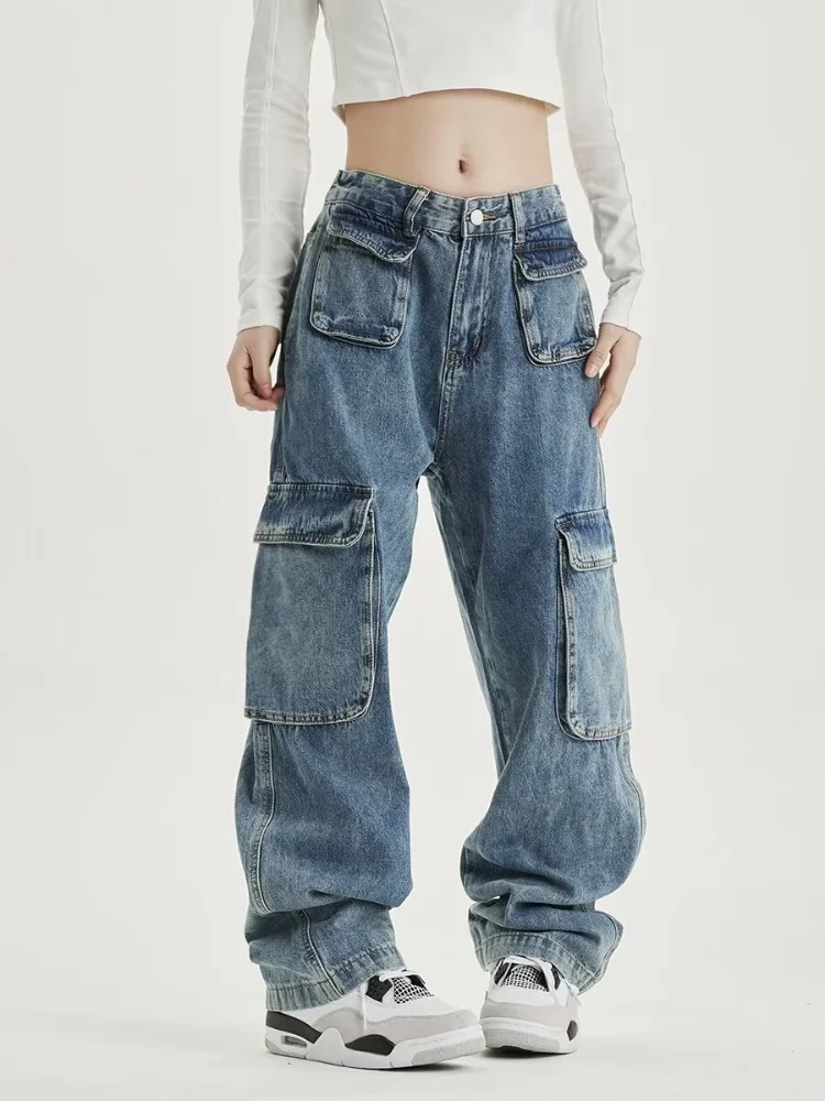 

2024 New Loose Jeans Women's Denim Pants Straight Pocket Baggy Casual Streetwear Hip Hop Blue Wide Leg Trousers Making Old Jeans